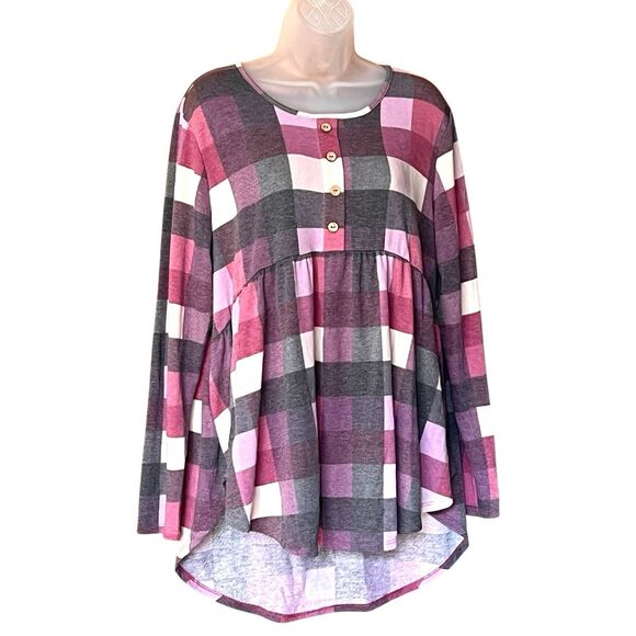 Heimish USA Tops - Heimish USA Soft Purple Plaid Babydoll Tunic Top Sz XL Country Prairie Cottage